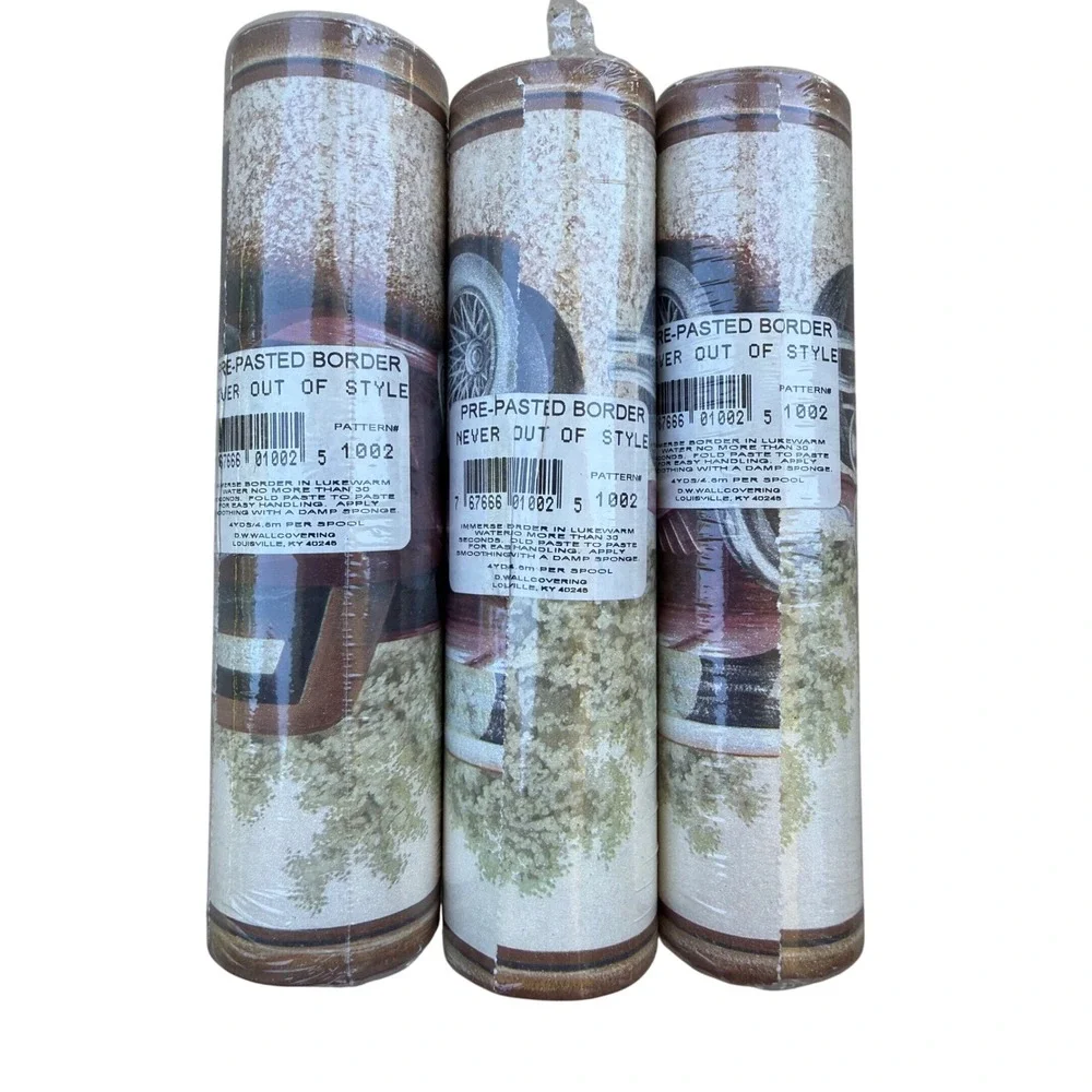 Vintage D.W. Wallcovering Antique Car Wallpaper Border 3‎ Rolls 12yds NOS 1002